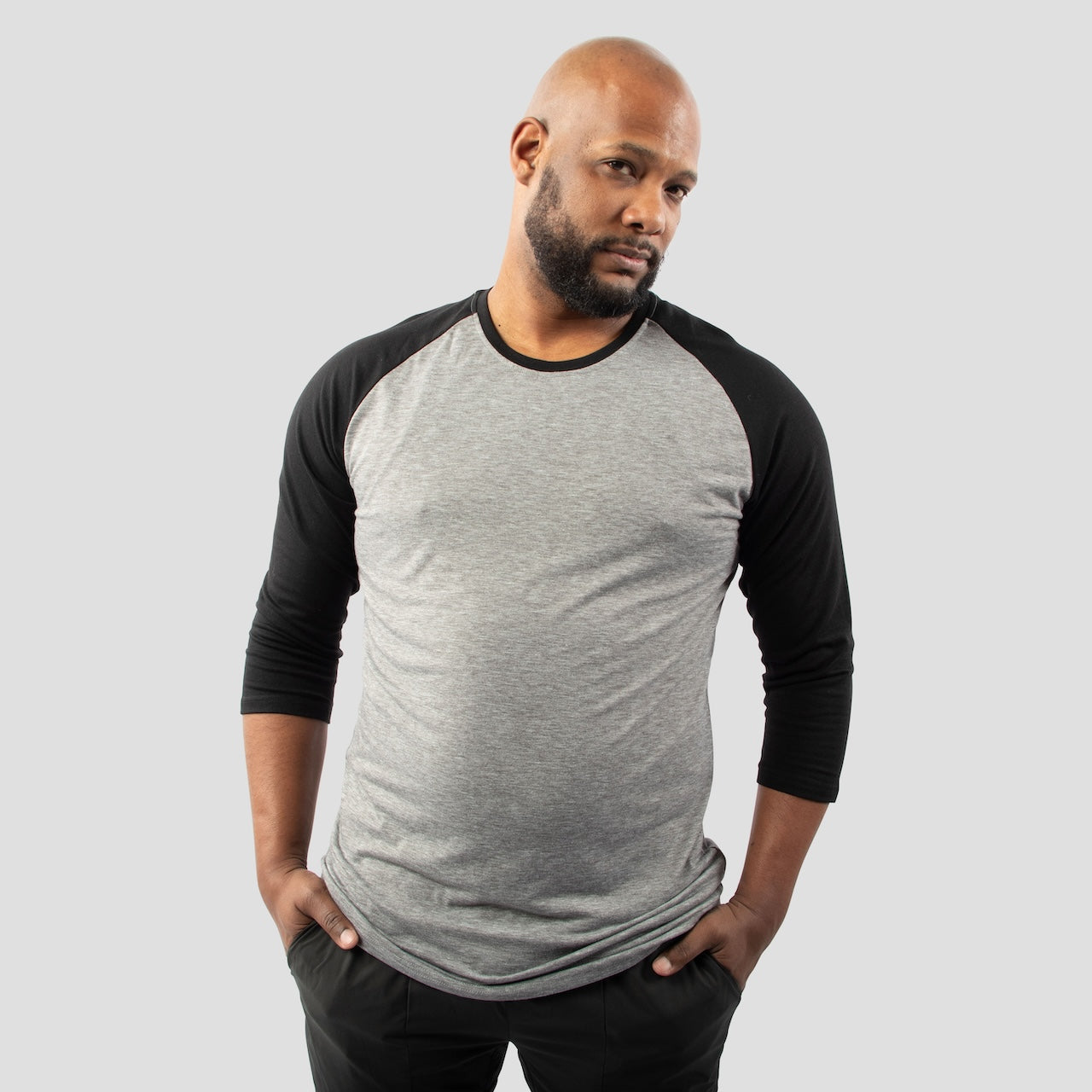 Gray and Black Raglan 3/4 Sleeve Shirt For Tall Slim Men
