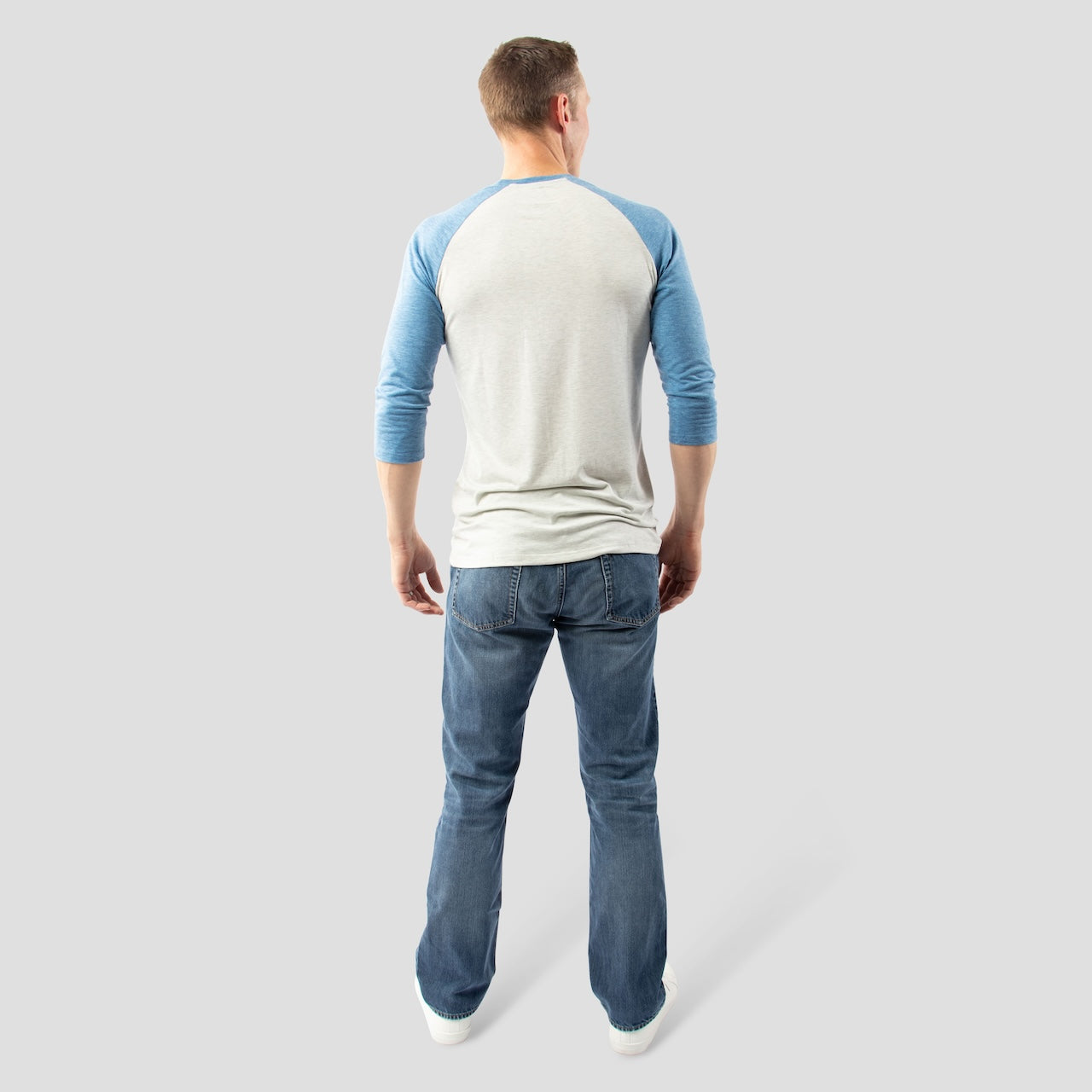 White and Blue Raglan 3/4 Sleeve Shirt For Tall Slim Men