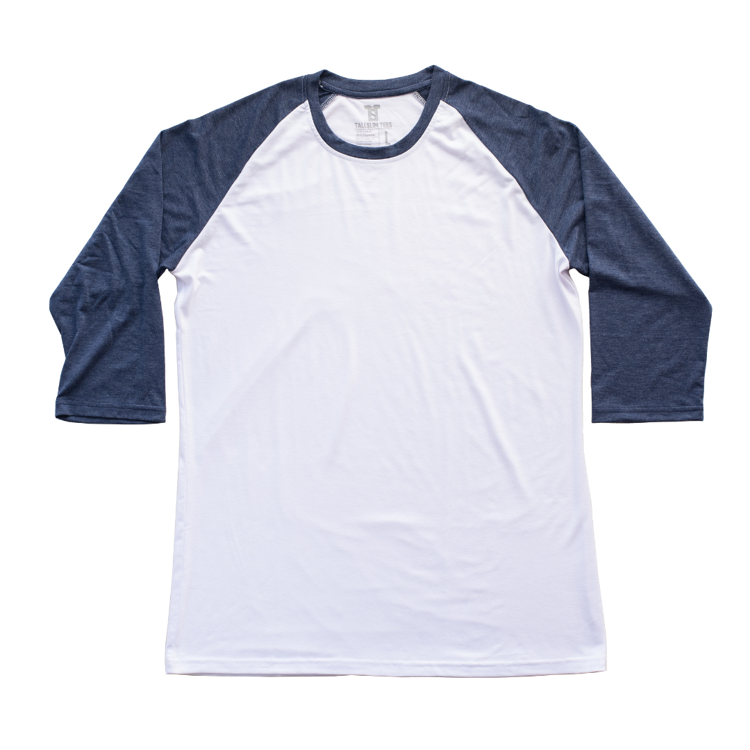 White and dark blue Raglan 3/4 Sleeve Shirt For Tall Slim Men