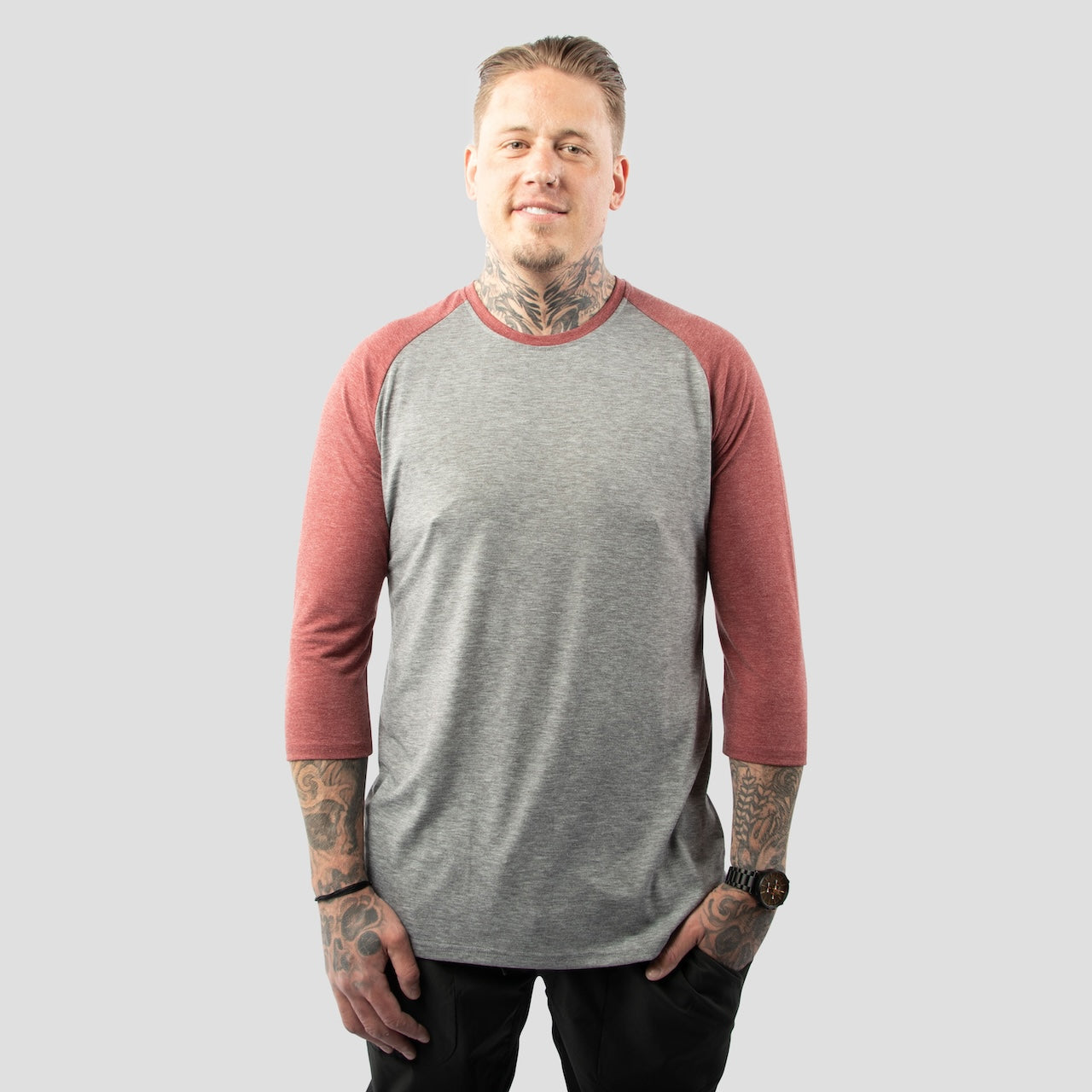Gray and Red Raglan 3/4 Sleeve Shirt For Tall Slim Men
