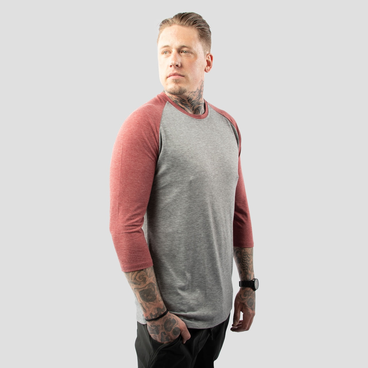 Gray and Red Raglan 3/4 Sleeve Shirt For Tall Slim Men