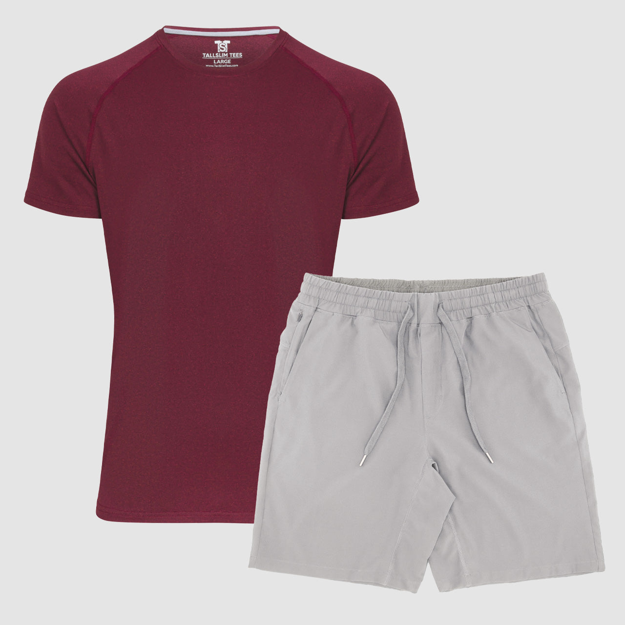 Burgandy Athletic Shirt and Stone Athletic Shorts for Tall and Slim Men