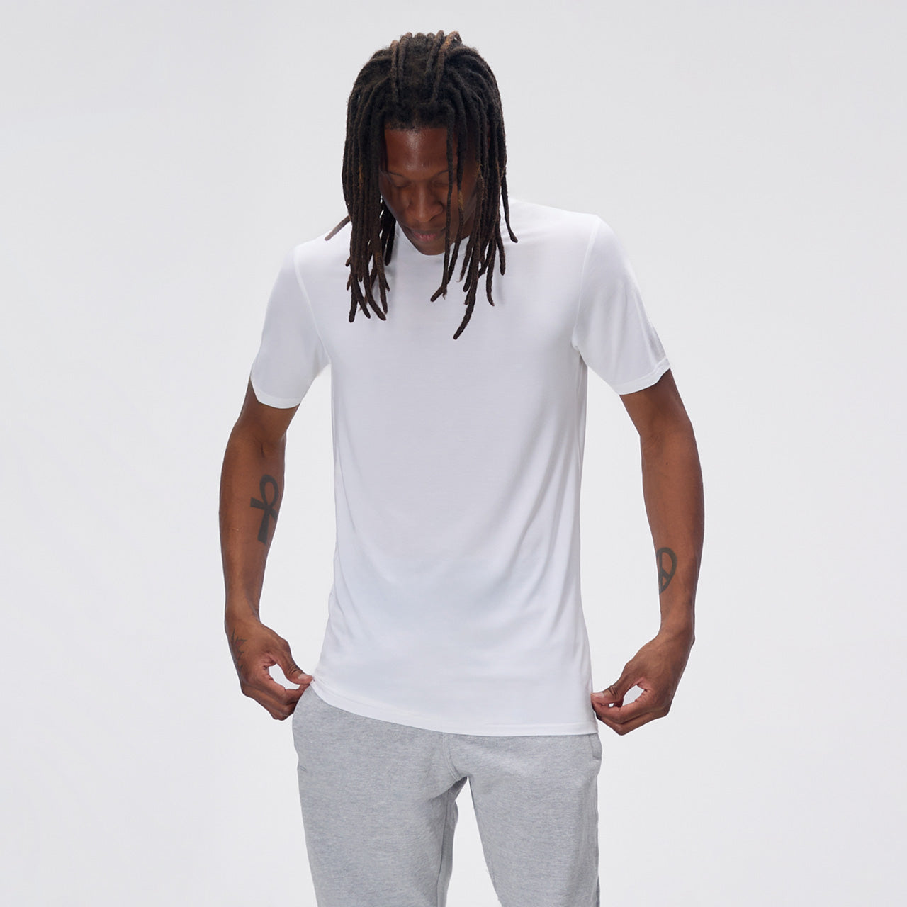 White Bamboo Blend Crew Neck Shirt for Tall Slim Men