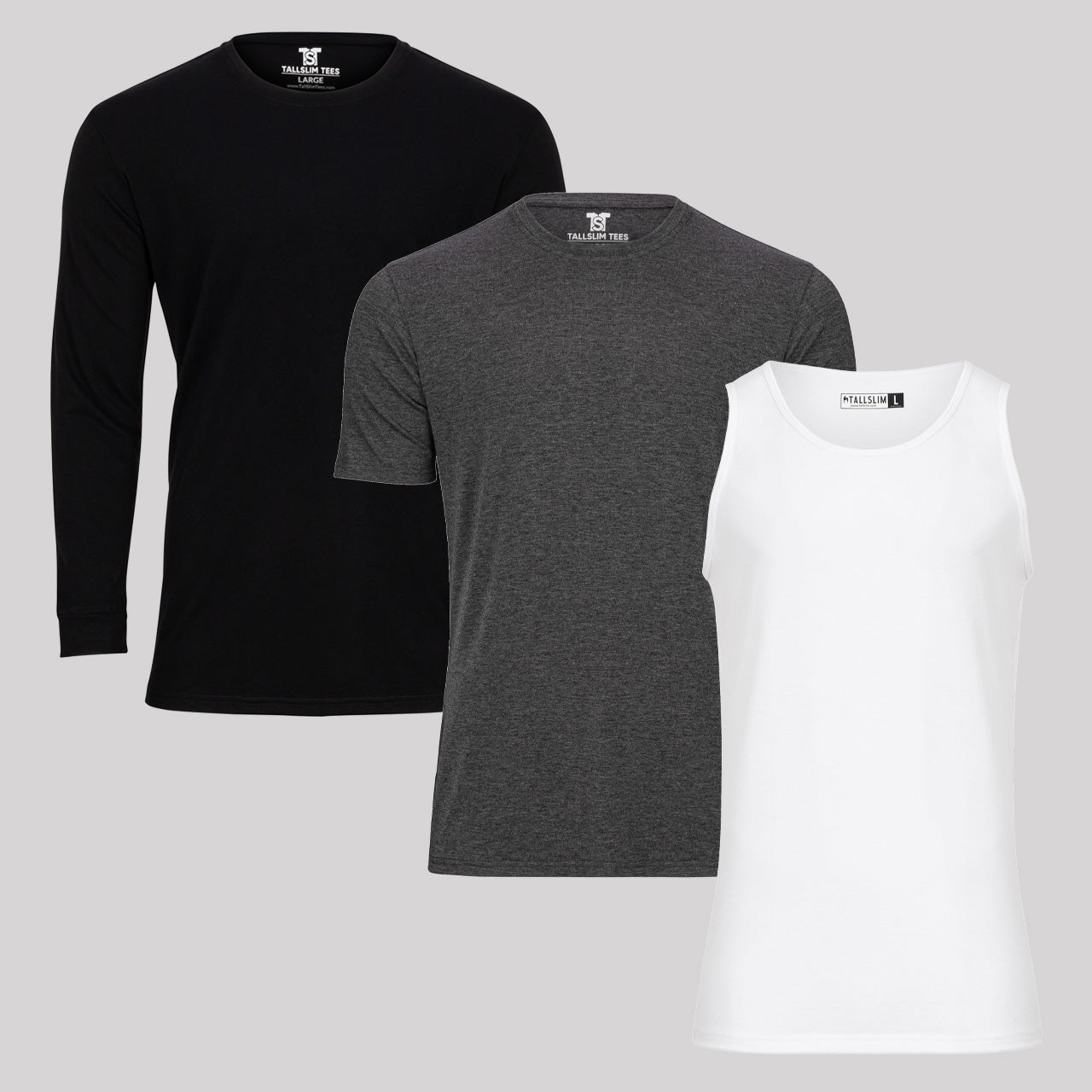 Black Original Long Sleeve Tee, Gray Original Crew Neck and White Tank Top