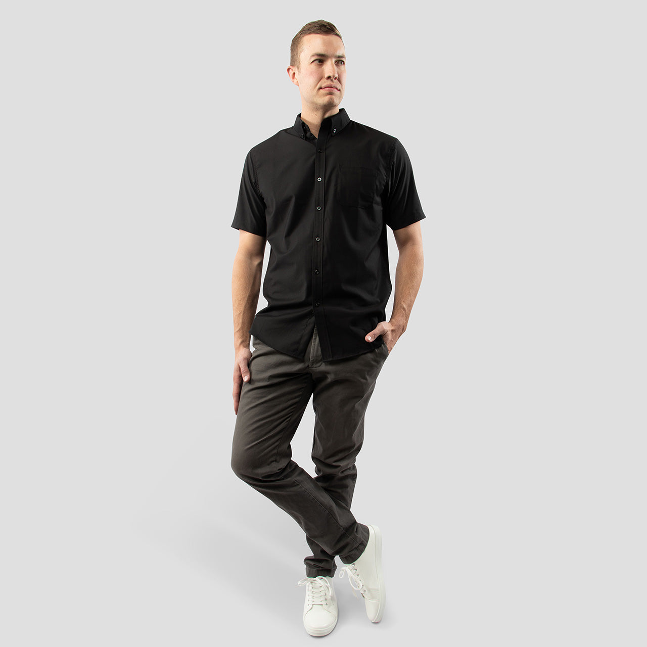 Black Casual Button Up Shirt for Tall Slim Men
