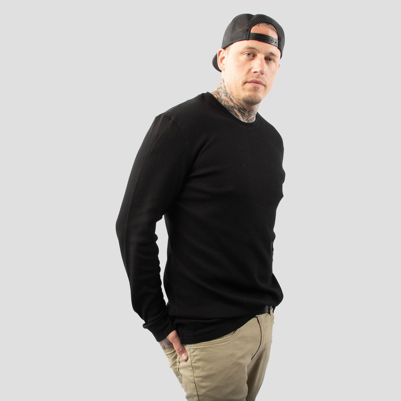 Black Waffle Knit Thermal Long Sleeve shirt for tall man