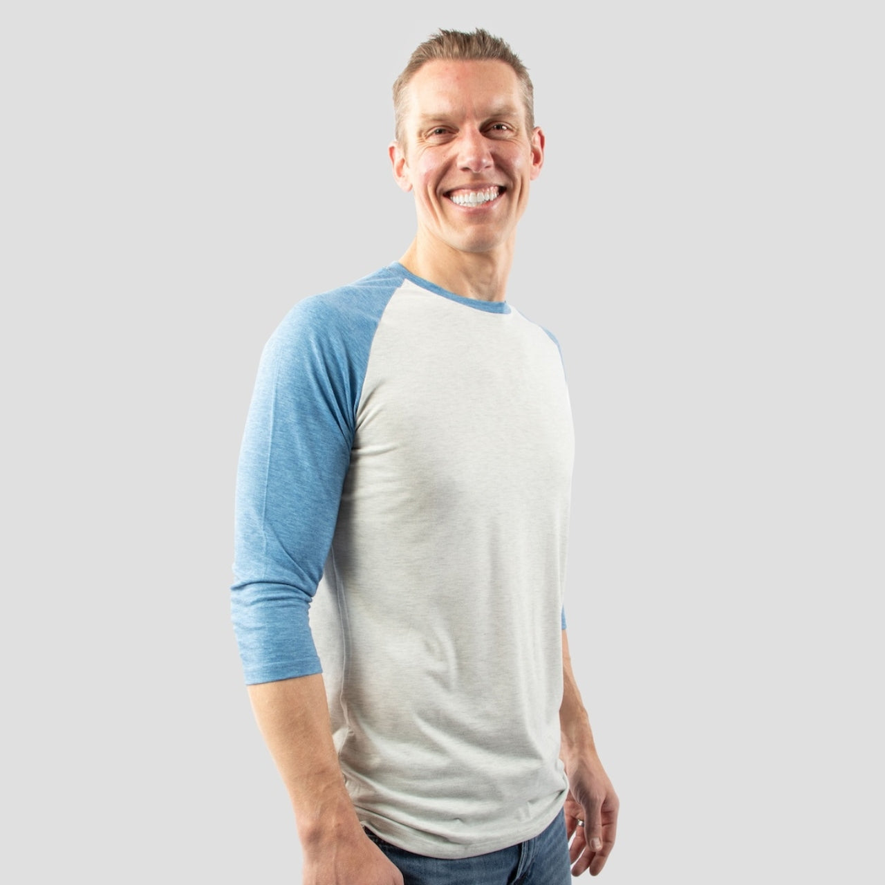 White and Blue Raglan 3/4 Sleeve Shirt For Tall Slim Men