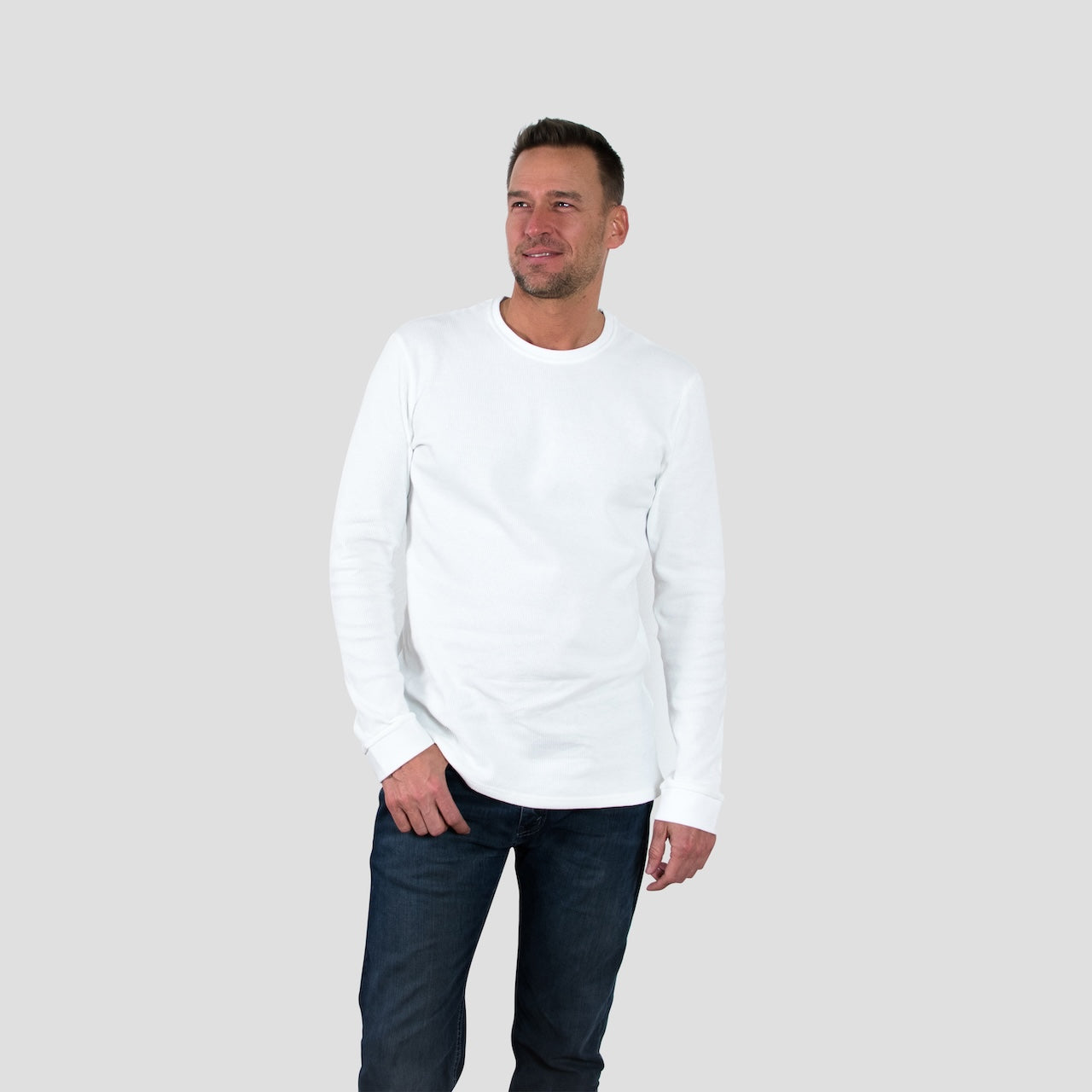 White Long Sleeve Crew Neck Shirt for Tall Slim Men