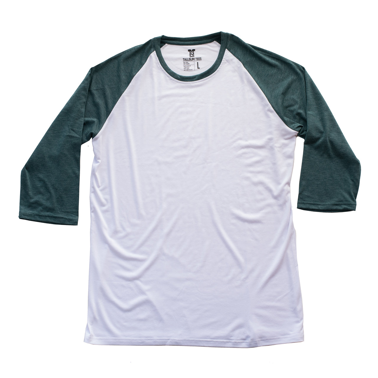 White and Dark Green Raglan 3/4 Sleeve Shirt For Tall Slim Men